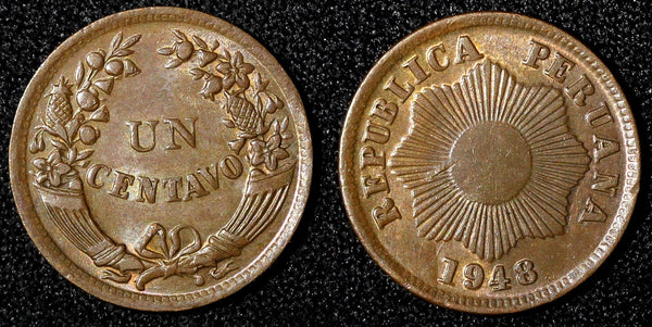 Peru Bronze 1948 1 Centavo  Thin Planchet aUNC- UNC KM# 211a (28 250)