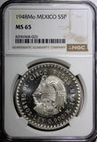 MEXICO Silver 1948 Mo 5 Pesos NGC MS65 Cuauhtemoc 40mm Mint Luster KM# 465 (025)
