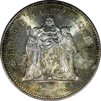 France Silver 1977 50 Francs "Hercules" UNC Toned Mint Luster KM# 941.1 (128)