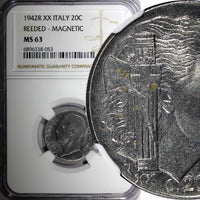 Italy 1942 R XX 20 Centesimi NGC MS63 MAGNETIC REEDED EDGE KM# 75b (053)