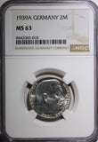 GERMANY-Third Reich Silver 1939 A 2 Reichs Mark NGC MS63 Hindenburg KM# 93 (018)