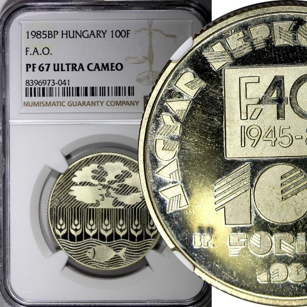 HUNGARY 1985 BP 100 Forint 40th Anniver of FAO NGC PF67 ULTRA CAMEO KM# 654 (1)