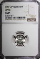 SWEDEN Gustaf V Silver 1941 G 10 Ore NGC MS65 WWII ISSUE 1 GRADED HIGHER KM# 780