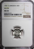 SWEDEN Gustaf V Silver 1941 G 10 Ore NGC MS65 WWII ISSUE 1 GRADED HIGHER KM# 780