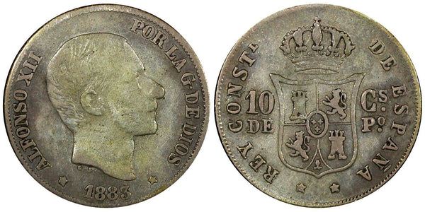 Philippines 	Alfonso XII Silver 1883 10 Centimos SCARCE  DATE KM# 148 (412)