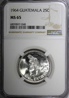 GUATEMALA Silver 1964 25 Centavos NGC MS65 GEM BU LAST YEAR KM# 263 (048)