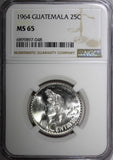 GUATEMALA Silver 1964 25 Centavos NGC MS65 GEM BU LAST YEAR KM# 263 (048)