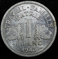 FRANCE Aluminum 1943 1 Franc WWII ISSUE XF+ KM# 902.1   (24 979)