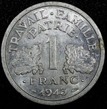 FRANCE Aluminum 1943 1 Franc WWII ISSUE XF+ KM# 902.1   (24 979)