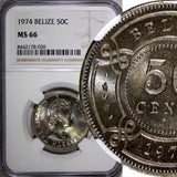 BELIZE Elizabeth II 1974 50 Cents NGC MS66 Light Toned TOP GRADED KM# 37 (030)