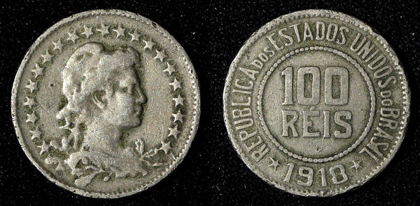 BRAZIL Copper-Nickel 1918 100 Reis Rio de Janeiro Mint BETTER DATE KM# 518 (599)