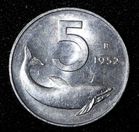 Italy Aluminum 1952 R 5 Lire Dolphin UNC  KM# 92 (27 674)