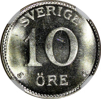 Sweden Gustaf V Silver 1940 G 10 Ore NGC MS64 GEM BU KM# 780 (018)