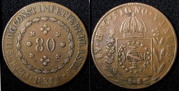 BRAZIL Pedro II Copper 1832 R 80 Reis  39 mm Brown KM# 379 (27 455)