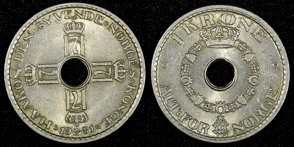 NORWAY Haakon VII Copper-Nickel 1951 1 Krone Last Year Type KM# 385 (27 025)