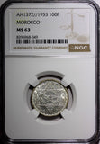 Morocco Mohammed V Silver AH1372 1953 100 Francs NGC MS63 Y# 52 (049)