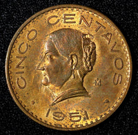 Mexico Bronze 1951 5 Centavos Nice Red Toning KM# 424  (27 926)