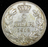 SERBIA Petar I Silver 1912 2 Dinara 28 mm Nice Toned KM# 26.1 (27 110)