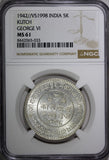 India-Princely States KUTCH George VI Silver 1942 VS1998 5 Kori NGC MS61 Y#82(3)