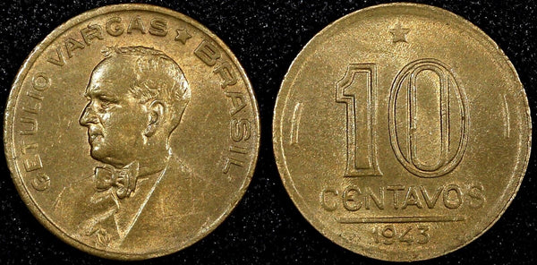 BRAZIL Copper-Nickel 1943 10 Centavos WWII Issue XF KM# 555 (24 805)