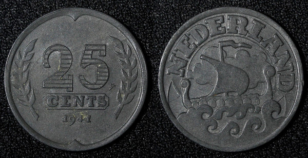 Netherlands Wilhelmina I Zinc 1941 25 Cents WWII Issue BETTER DATE KM# 172 (958)