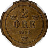 SWEDEN Oscar II Bronze 1893 2 Öre Mintage-557,554 NGC MS64 BN KM# 746 (020)