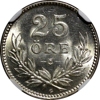 Sweden Gustaf V Silver 1933 G 25 Öre BETTER DATE NGC MS64 BU COIN KM# 785 (004)
