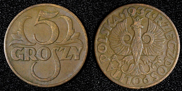 POLAND Bronze 1937 W 5 Groszy Y# 10a (28 083)