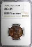 India-British George V Bronze 1936 (C) 1/4 Anna NGC MS65 BN RAINBOW KM#512 (1)