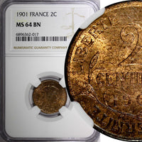 FRANCE Bronze 1901 2 Centimes NGC MS64 BN 1 GRADED HIGHEST KM# 841  (017)