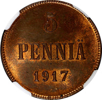 FINLAND Nicolas II (1895-1917) GRAND DUCHY 1917 5 Pennia NGC MS63 RB KM# 15 (30)