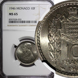 Monaco Louis II 1946 10 Francs NGC MS65 Paris Mint 1 GRADED HIGHEST KM# 123 (33)