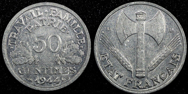 France Aluminum 1944 B 50 Centimes WWII Issue Beaumont Mint KM# 914.2 (24 970)