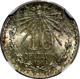 MEXICO Silver 1934 M 10 Centavos NGC MS65 GEM BU  Nice Toned KM# 431 (014)