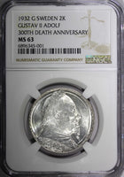 SWEDEN Silver 1932 G 2 Kronor NGC MS63 Death of Gustaf II Adolf BU KM# 805 (001)