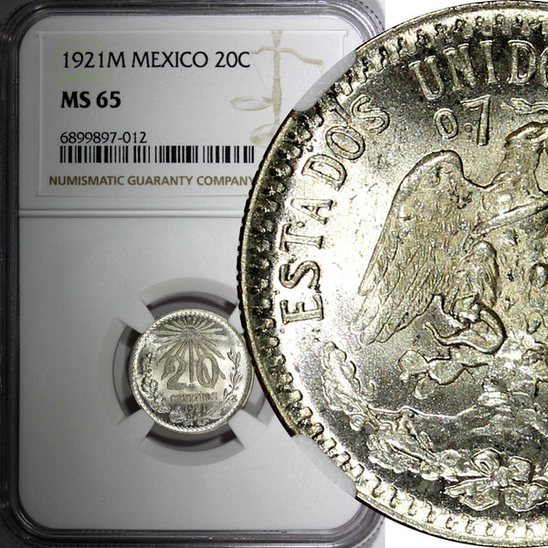 Mexico ESTADOS UNIDOS MEXICANOS Silver 1921 M 20 Centavos NGC MS65 BU KM# 438