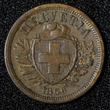 Switzerland Bronze 1866 B 2 Rappen Bern Mint  KM# 4.1 (28 551)