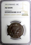 France Bronze 1913 10 Centimes NGC AU58 BN 30 mm KM# 843 (17)