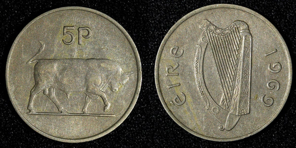 Ireland Republic Copper-Nickel 1969 5 Pence Bull 1st Year Type KM# 22 (28 026)