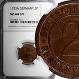 Germany,Weimar Republic 1923 A 2 Rentenpfennig NGC MS64 BN KM# 31 (34)