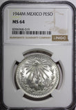 Mexico ESTADOS UNIDOS MEXICANOS Silver 1944 M 1 Peso NGC MS64 GEM BU KM# 455 (9)