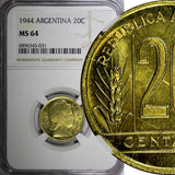 Argentina Aluminum-Bronze 1944 20 Centavos NGC MS64 GEM BU KM# 42 (031)