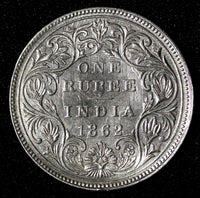 India-British Victoria Silver 1862 (B) Rupee Better Date aUNC KM# 473.1 (28 297)