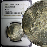 SWEDEN Silver Jubilee Oscar II 1897 EB 2 Kronor NGC MS61 Nice Toned KM# 762 (16)