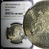 SWEDEN Silver Jubilee Oscar II 1897 EB 2 Kronor NGC MS61 Nice Toned KM# 762 (16)