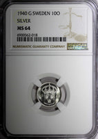 Sweden Gustaf V Silver 1940 G 10 Ore NGC MS64 GEM BU KM# 780 (018)