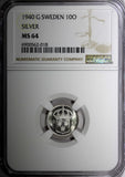 Sweden Gustaf V Silver 1940 G 10 Ore NGC MS64 GEM BU KM# 780 (018)