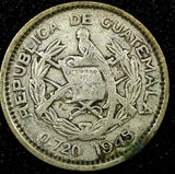 Guatemala Silver 1945 5 Centavos Guatemala City Mint KM# 238.1  (24 448)