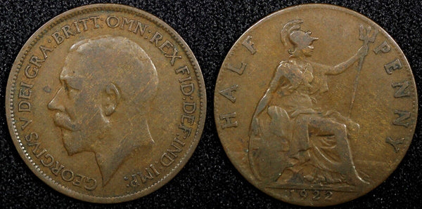 Great Britain George V Bronze 1922 1/2  Penny KM# 809 (24 233)