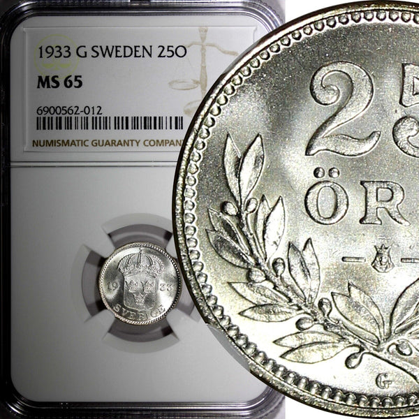 Sweden Gustaf V Silver 1933 G 25 Öre BETTER DATE NGC MS65 BU COIN KM# 785 (12)